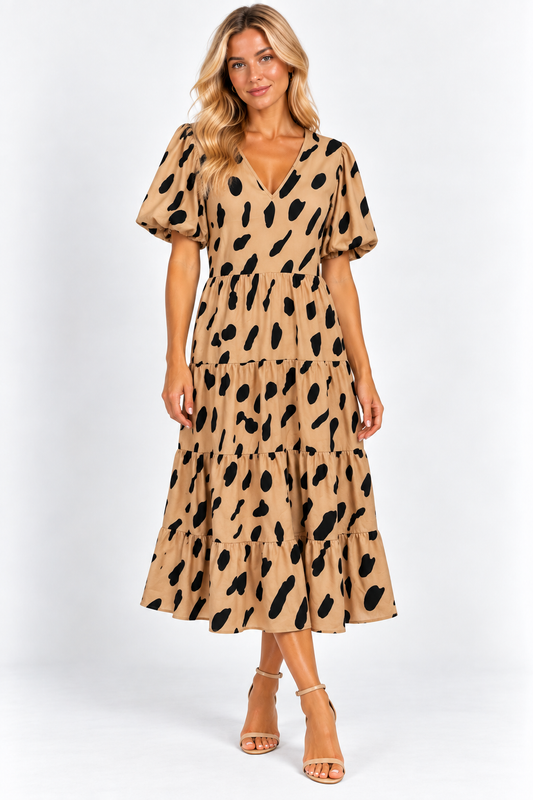 Influence Beige/Tan & Black Leopard Print Puff Sleeve V-Neck Midi Dress UK 14