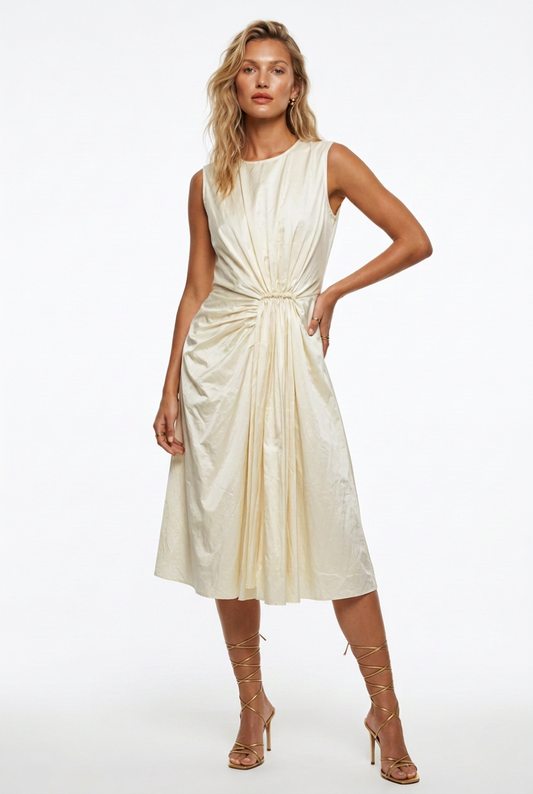 N°21 Pale Lemon Draped Cotton Midi Dress M shown on a model.