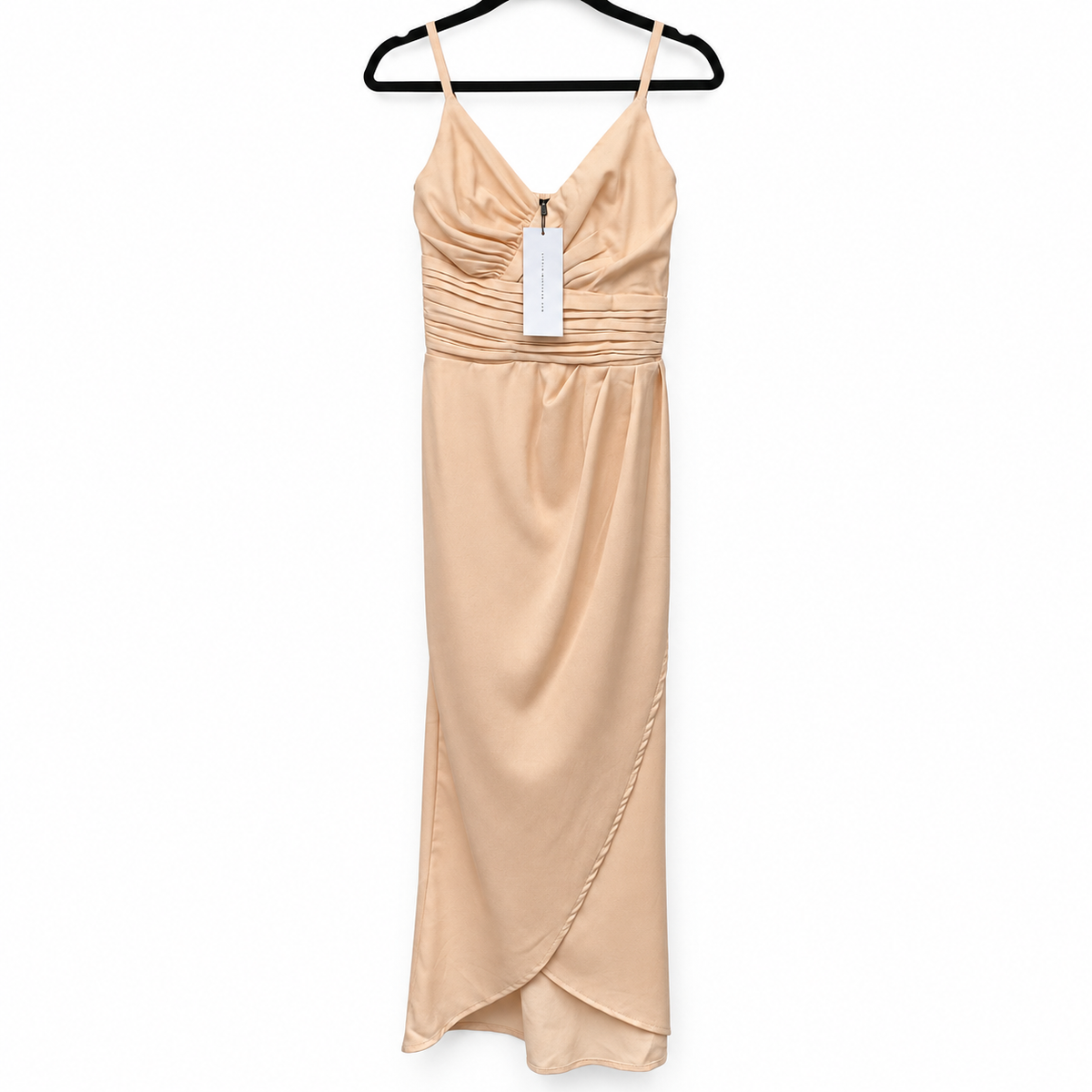 Front view — Little Mistress Beige Ruched Maxi Dress – Size 8.