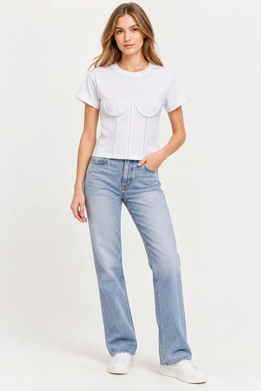 Pinko Denim White Maestrale Corset-Detail T-Shirt – S shown on a model.