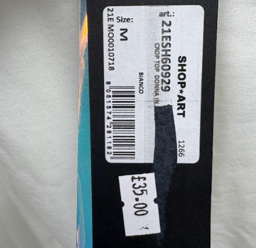 Retail tag showing style and size — Shop Art Bianco Cropped Cotton Top – M.