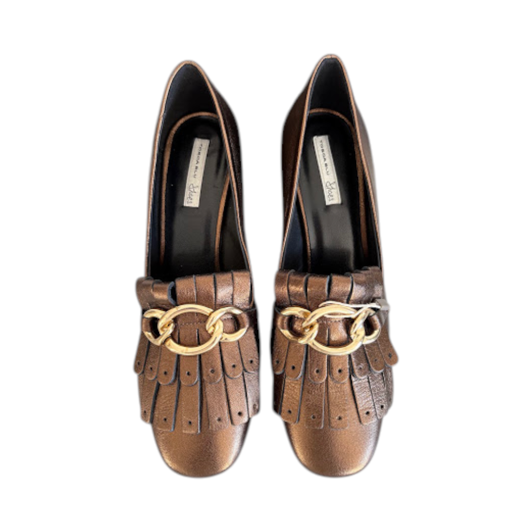 Top view of the pair — Tosca Blu Antique Gold Fringed Chain-Detail Block-Heeled Shoes – EU 40.