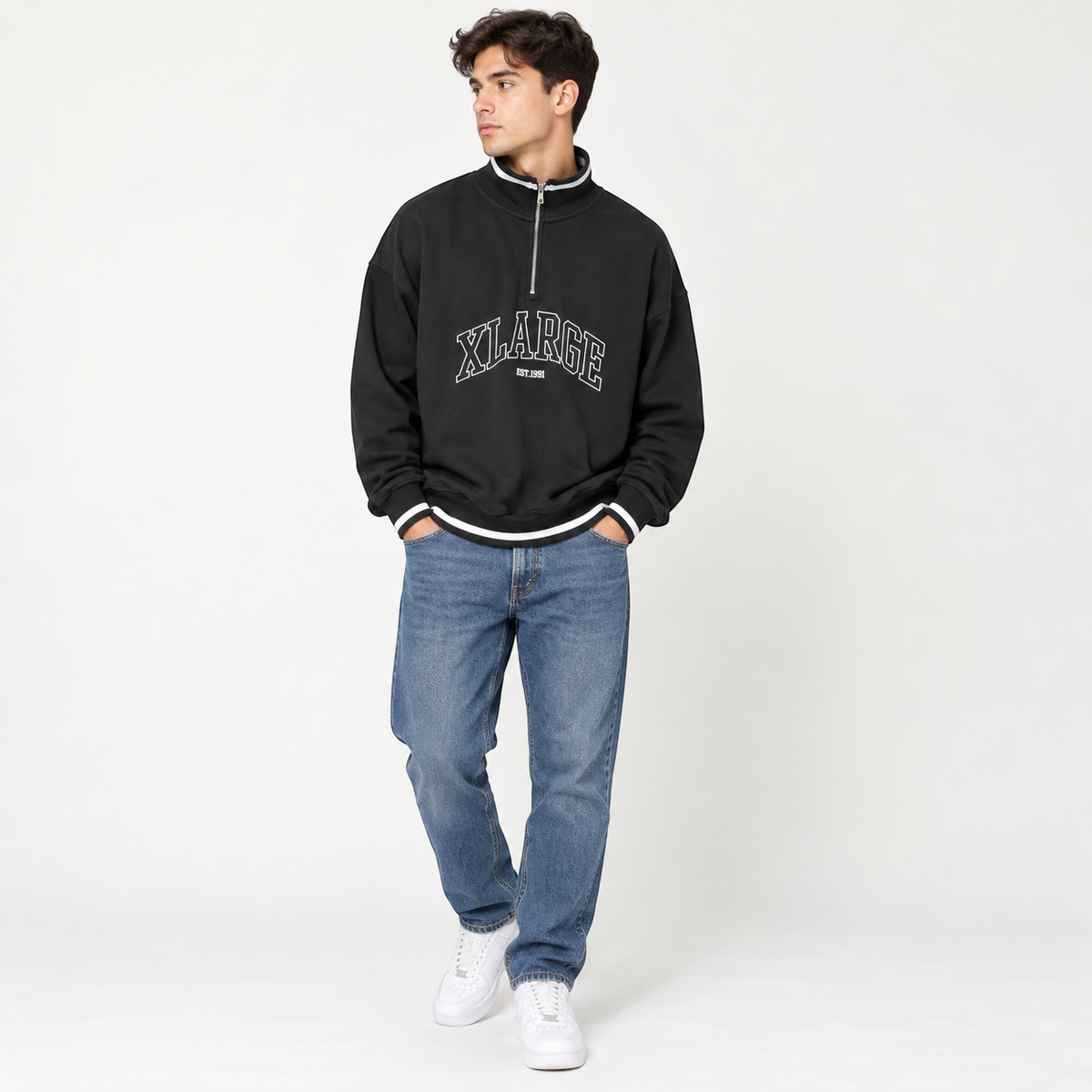 XLARGE Black Striped Rib Half-Zip Pullover – L shown on a model.