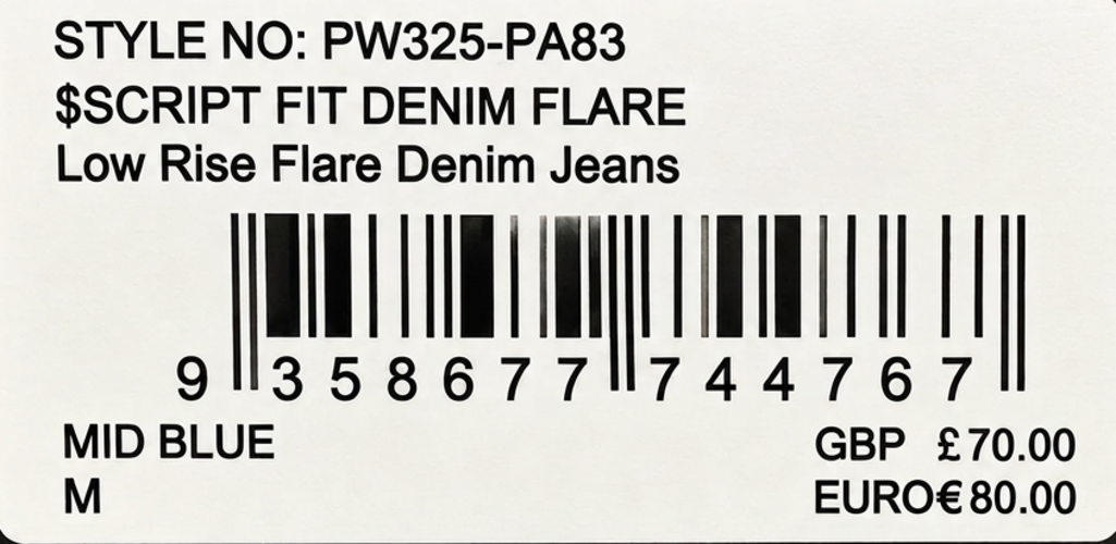 Retail tag showing product reference — Playboy Mid Blue Low Rise Flare Jeans – M.