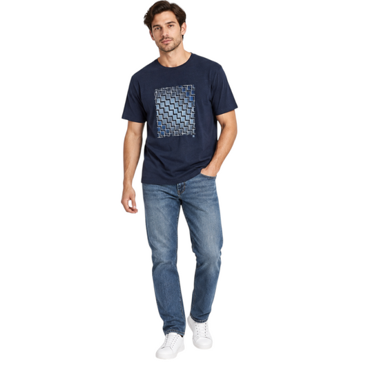 French Connection Marine Abstract Steps Graphic T-Shirt – L shown on a model.