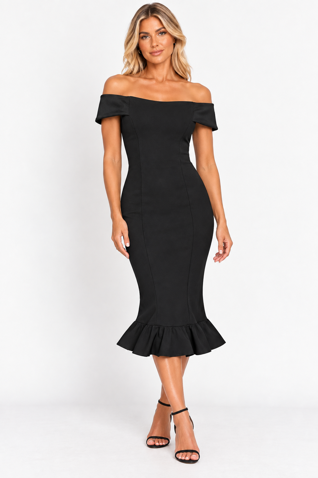 PrettyLittleThing black Bardot frill-hem midi dress – UK 10 – front model image