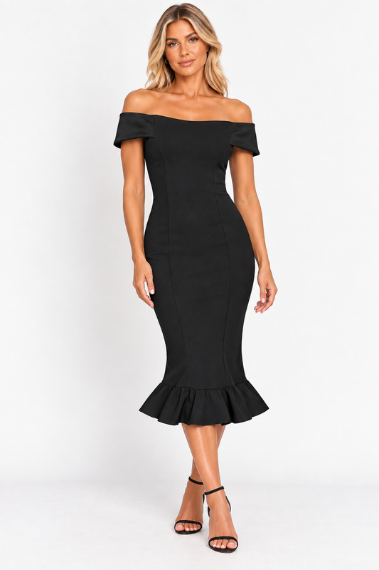 PrettyLittleThing black Bardot frill-hem midi dress – UK 10 – front model image