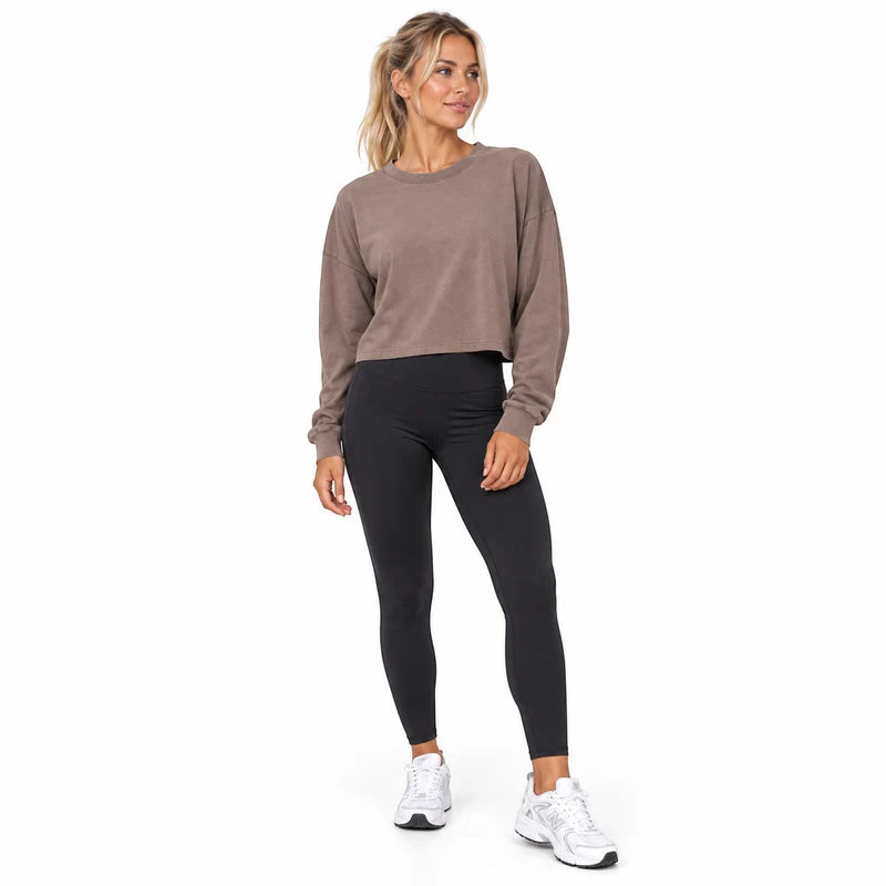 Lorna Jane Washed Bone Sports Club Long Sleeve Top – S shown on a model.