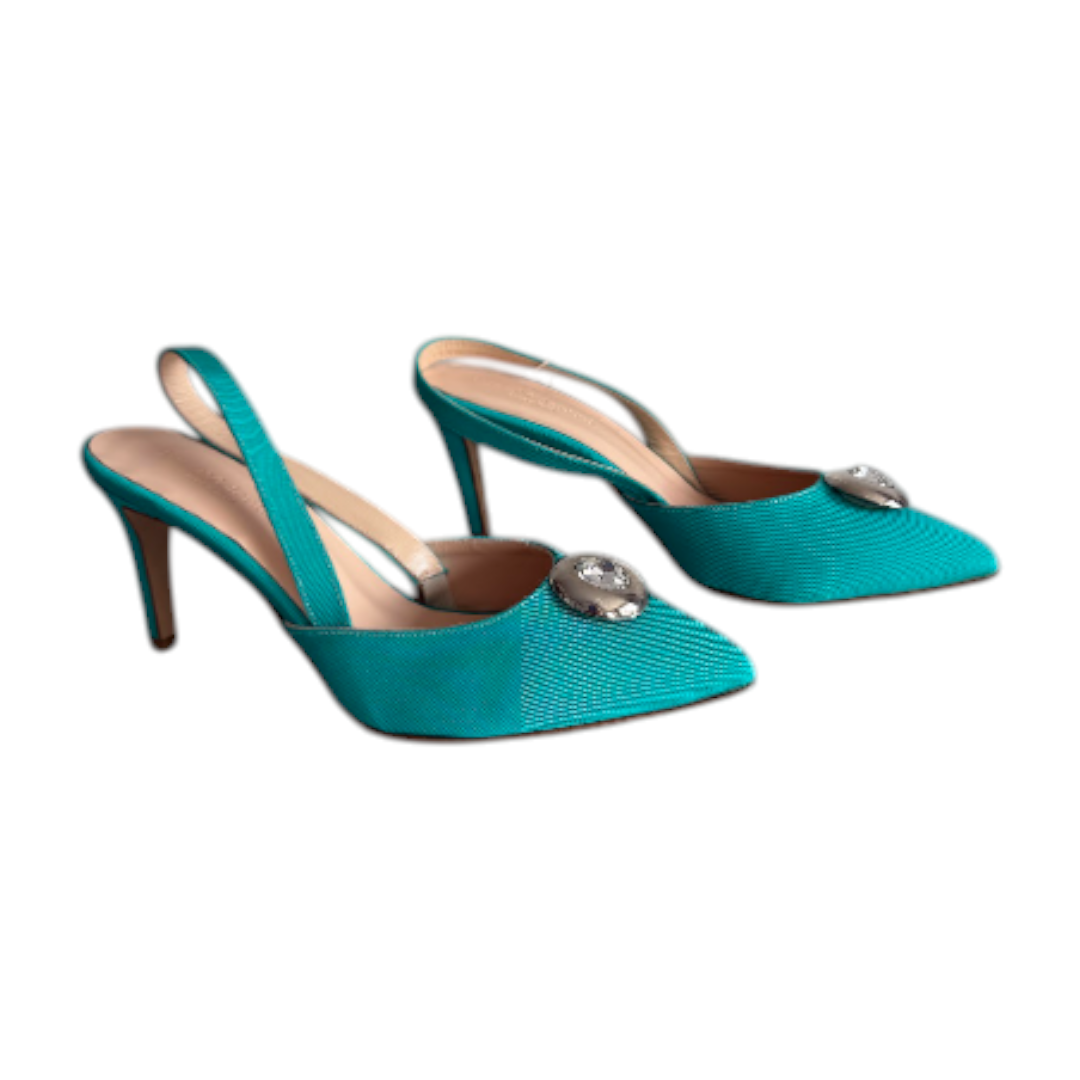 Acquamarina Turquoise Leather Slingback Pointed-Toe Heels with Silver Embellishment - EU 37 – product image 3