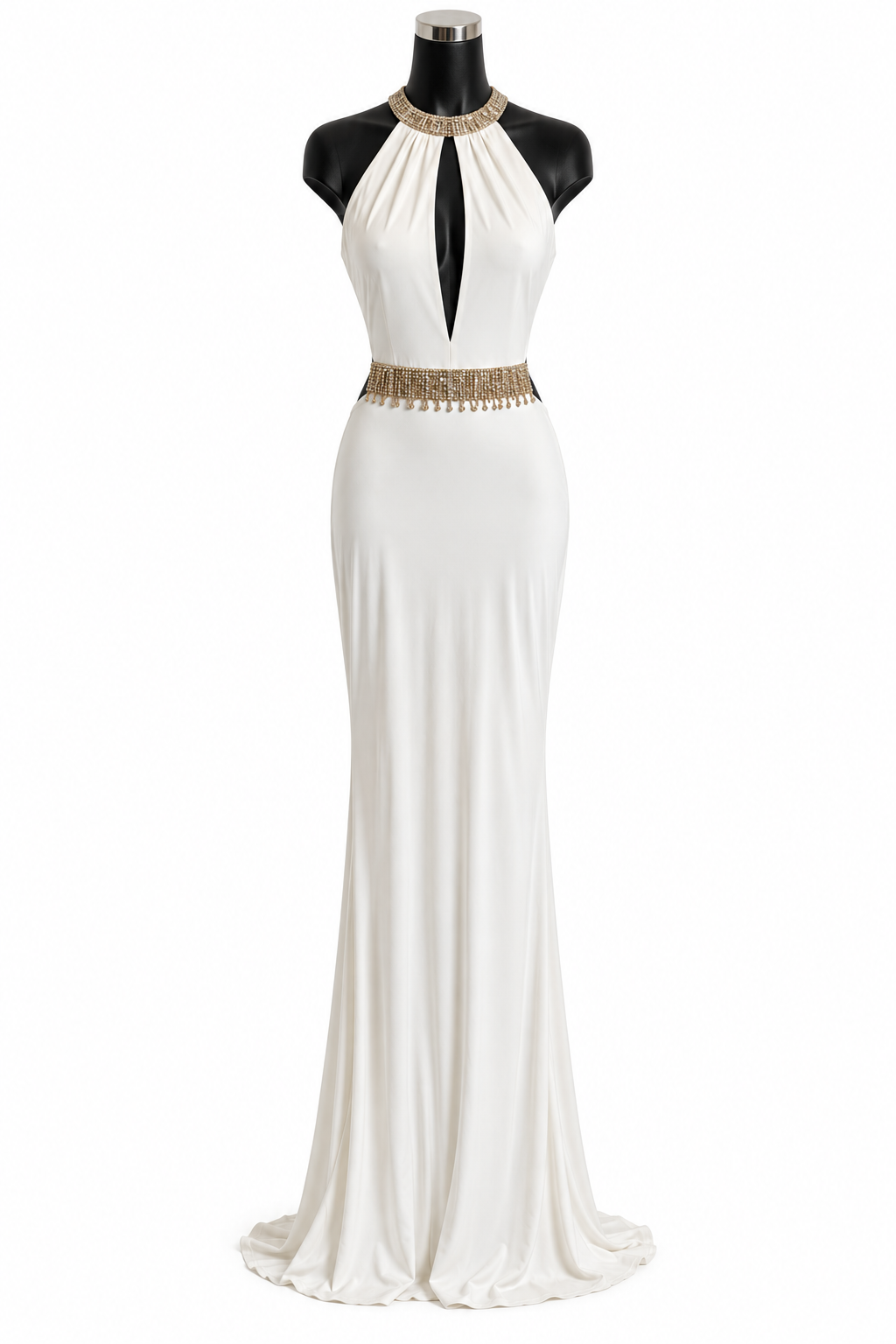 Front view on a mannequin — MASCARA Pour La Femme Ivory Gold Embellished Halter Maxi Evening Dress – UK 12.