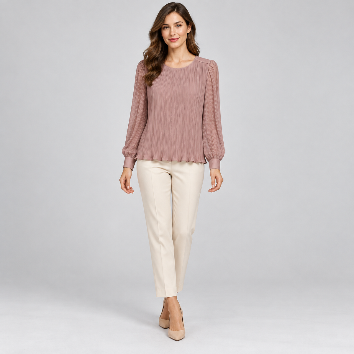 Camicetta Snob Antique Pink Pleated Blouse – IT 42 shown on a model.