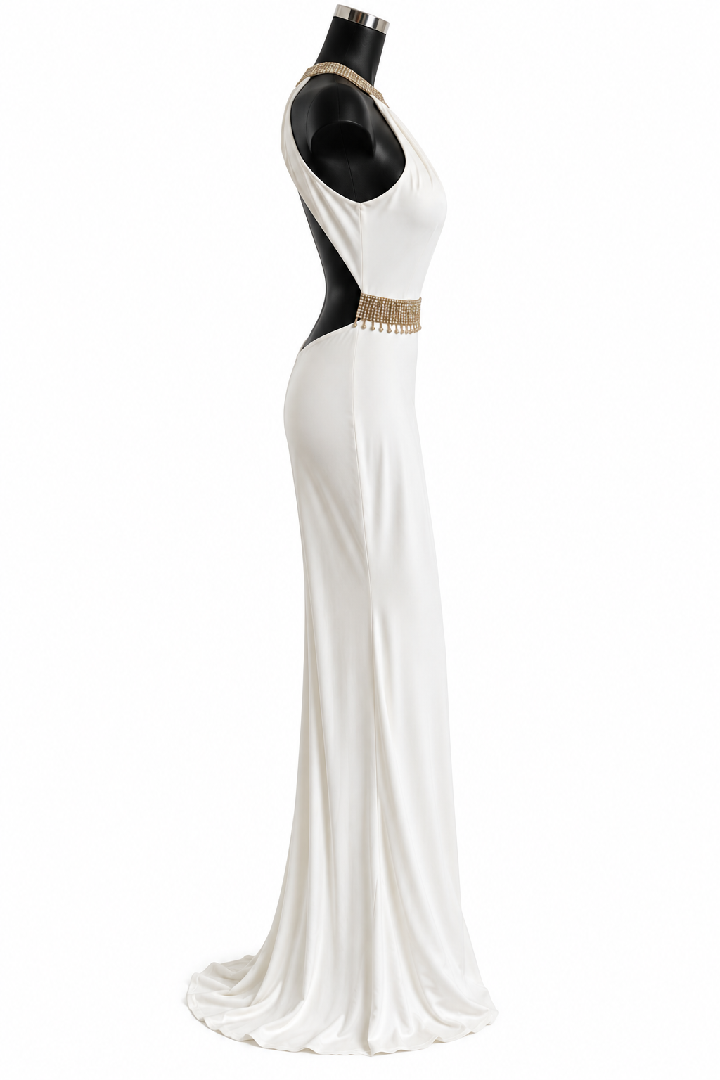 Side view on a mannequin — MASCARA Pour La Femme Ivory Gold Embellished Halter Maxi Evening Dress – UK 12.