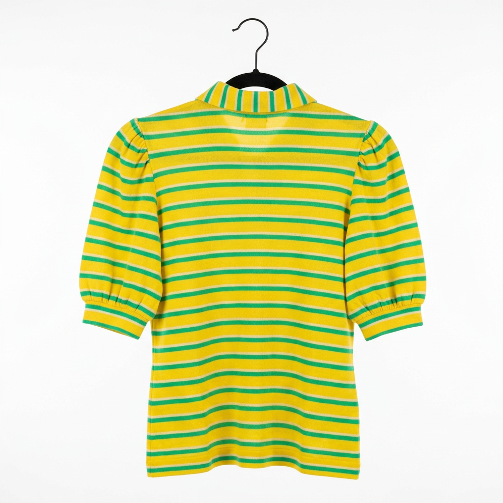 Back view — SIYU Yellow, Green and Cream Striped Knitted Polo Shirt – UK 10.