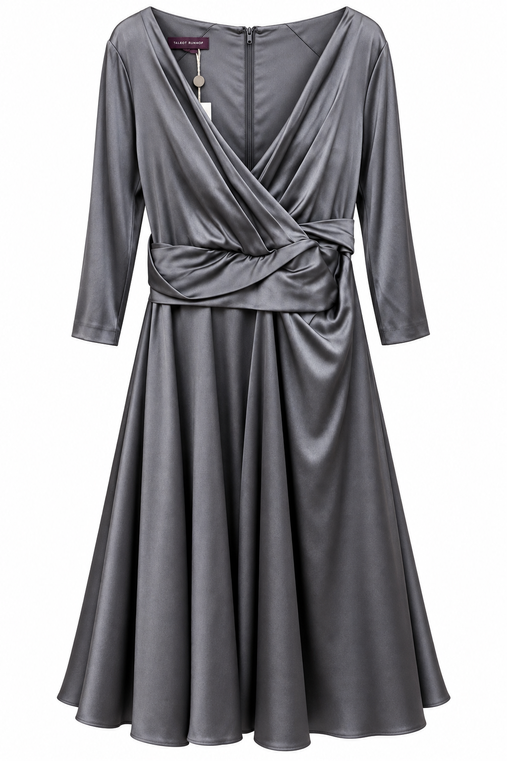 Front view — Talbot Runhof Pokarios Silver Grey Satin Draped Midi Dress – Size 44.