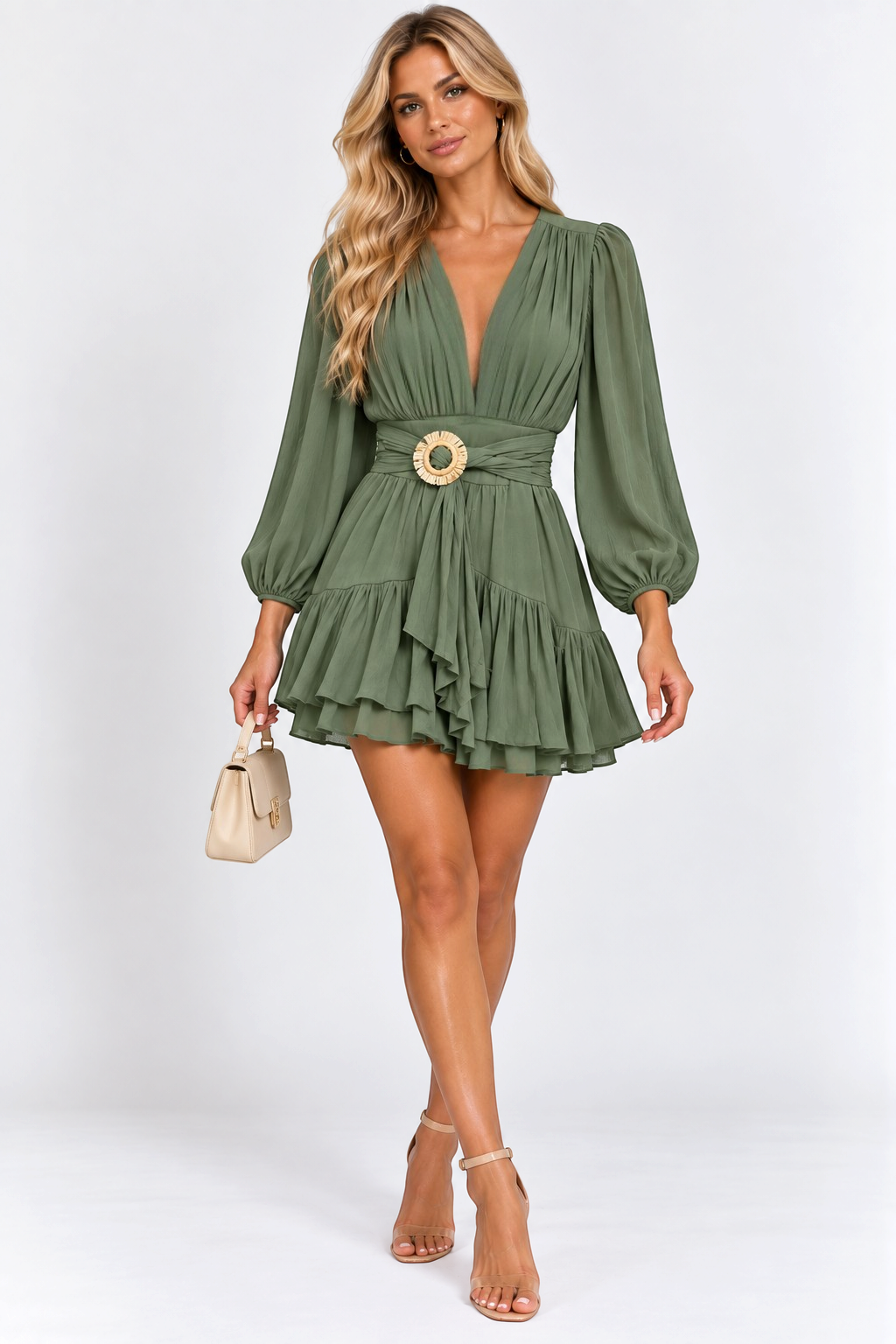 Missguided Green Mini Dress with Belt Detail – UK 10 / UK 8 shown on a model.