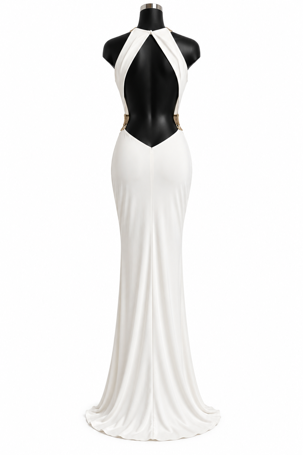 Back view on a mannequin — MASCARA Pour La Femme Ivory Gold Embellished Halter Maxi Evening Dress – UK 12.