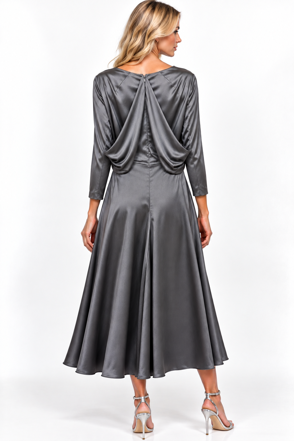 Back view on a model — Talbot Runhof Pokarios Silver Grey Satin Draped Midi Dress – Size 44.