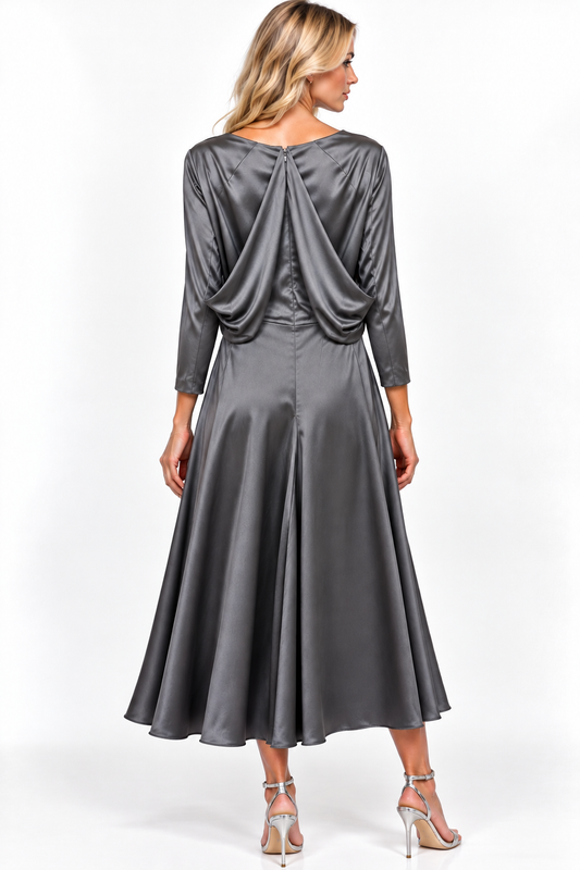 Back view on a model — Talbot Runhof Pokarios Silver Grey Satin Draped Midi Dress – Size 44.