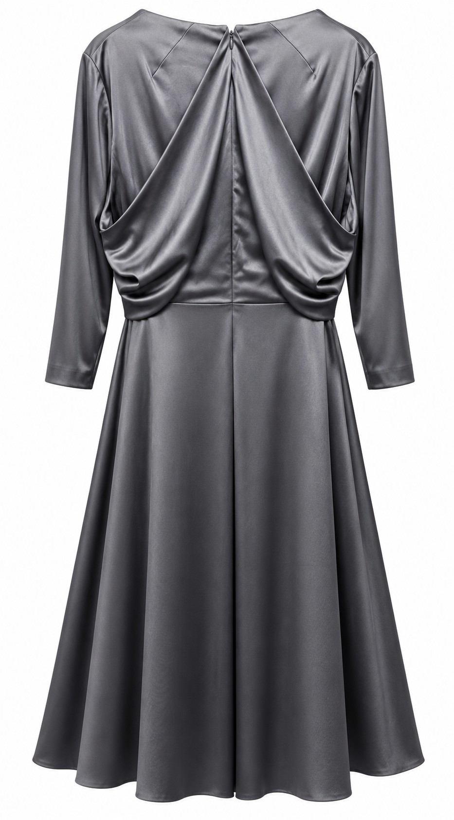 Back view — Talbot Runhof Pokarios Silver Grey Satin Draped Midi Dress – Size 44.
