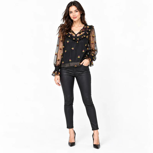 French Connection Blackout Camille Embroidered Shirt – Size M shown on a model.