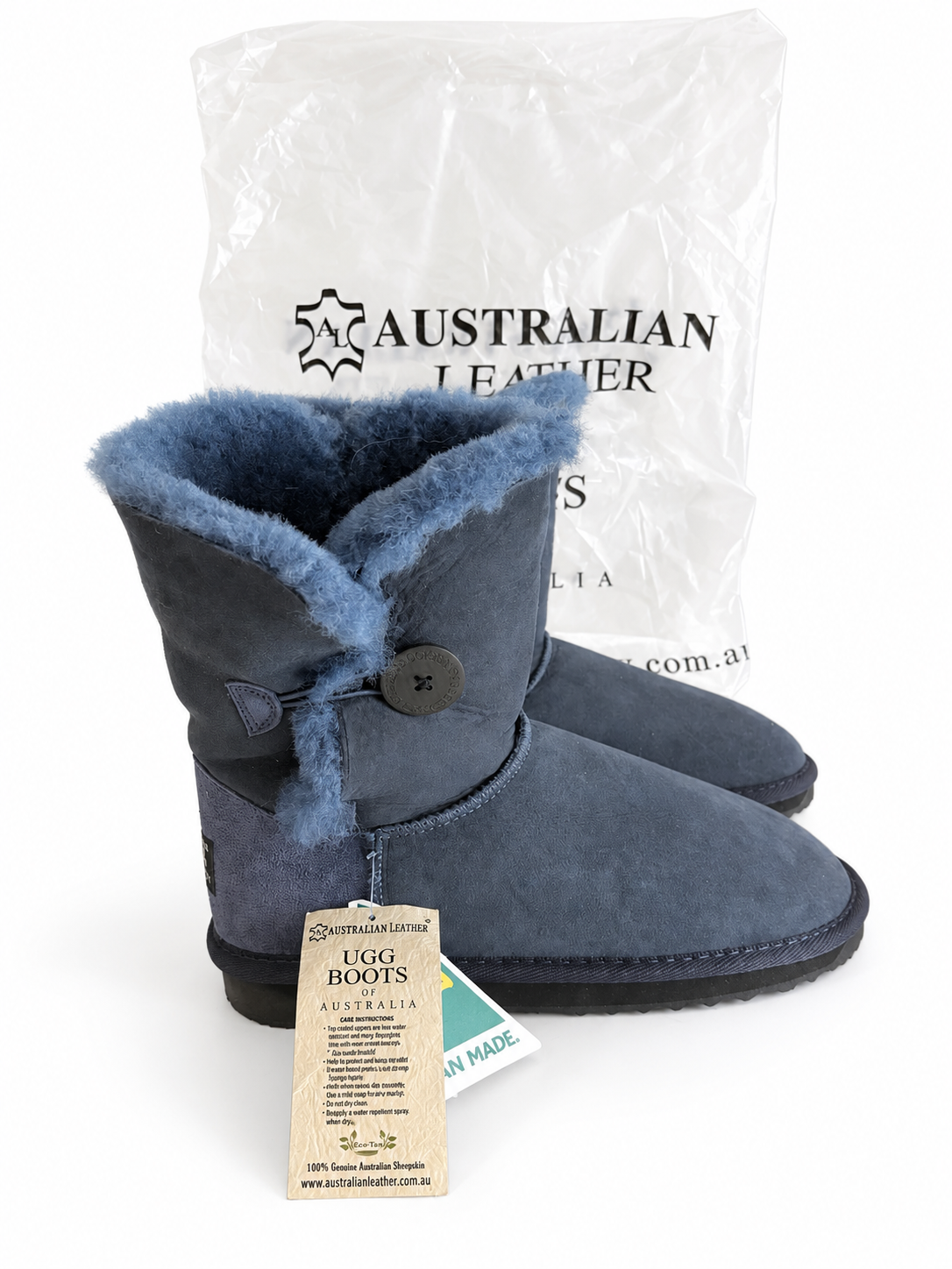 “Australian Leather” UGG Boots – Blue Suede with Fold-Over Sheepskin Cuffs – UK 7.5 / EU 40 – BNWT
