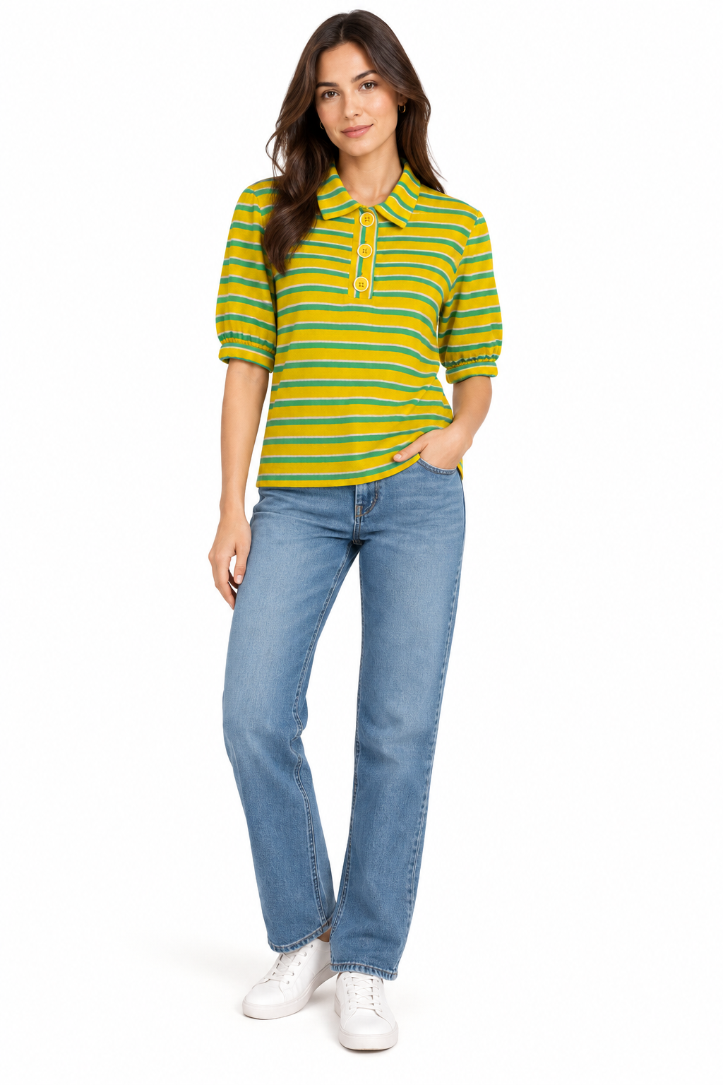 SIYU Yellow, Green and Cream Striped Knitted Polo Shirt – UK 10 shown on a model.