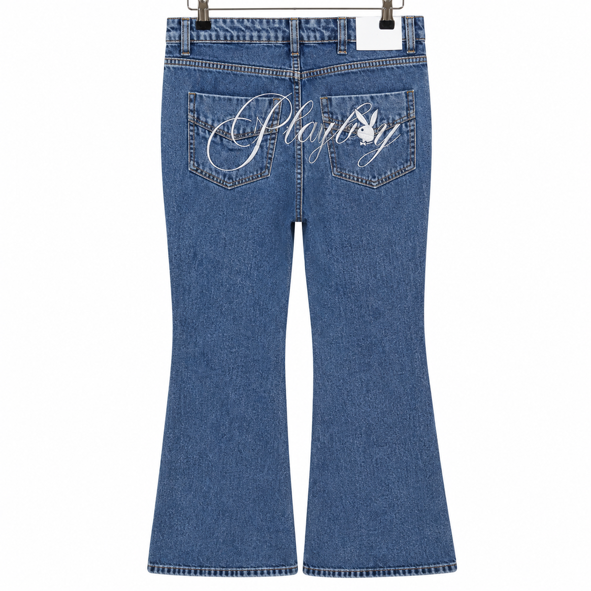 Back view — Playboy Mid Blue Low Rise Flare Jeans – M.