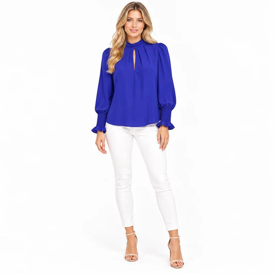 French Connection Cobalt Violet Crepe Light Keyhole Top – XS and S shown on a model.