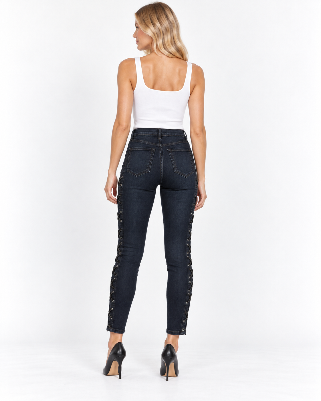 Back view on a model — J Brand Jinx Maria High-Rise Skinny Lace-Up Jeans Size 25.