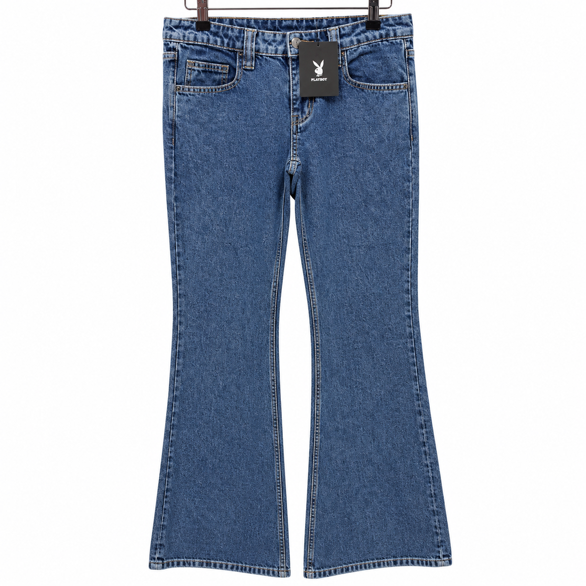 Front view — Playboy Mid Blue Low Rise Flare Jeans – M.