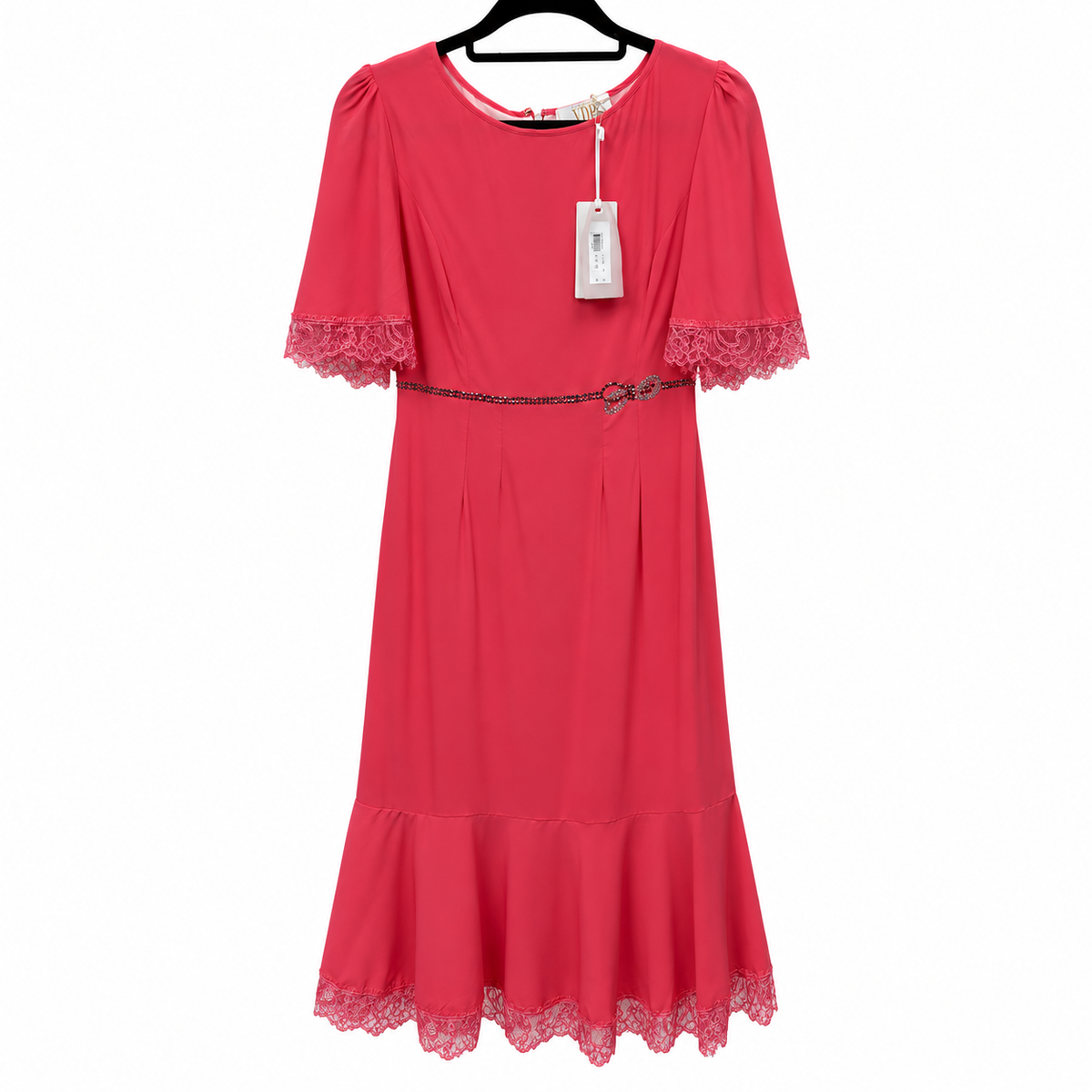 Front view — VDP Collection Pink Calf-Length Dress with Lace Trim & Embellished Belt – Size 42.