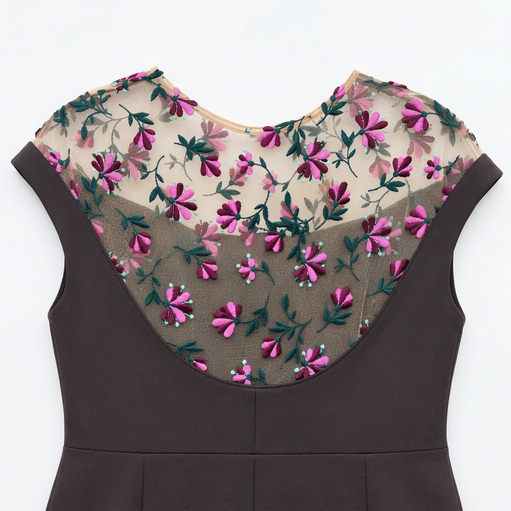 Lela Rose aubergine fitted dress with floral embroidered sheer tulle detailing, size 10 – image 6