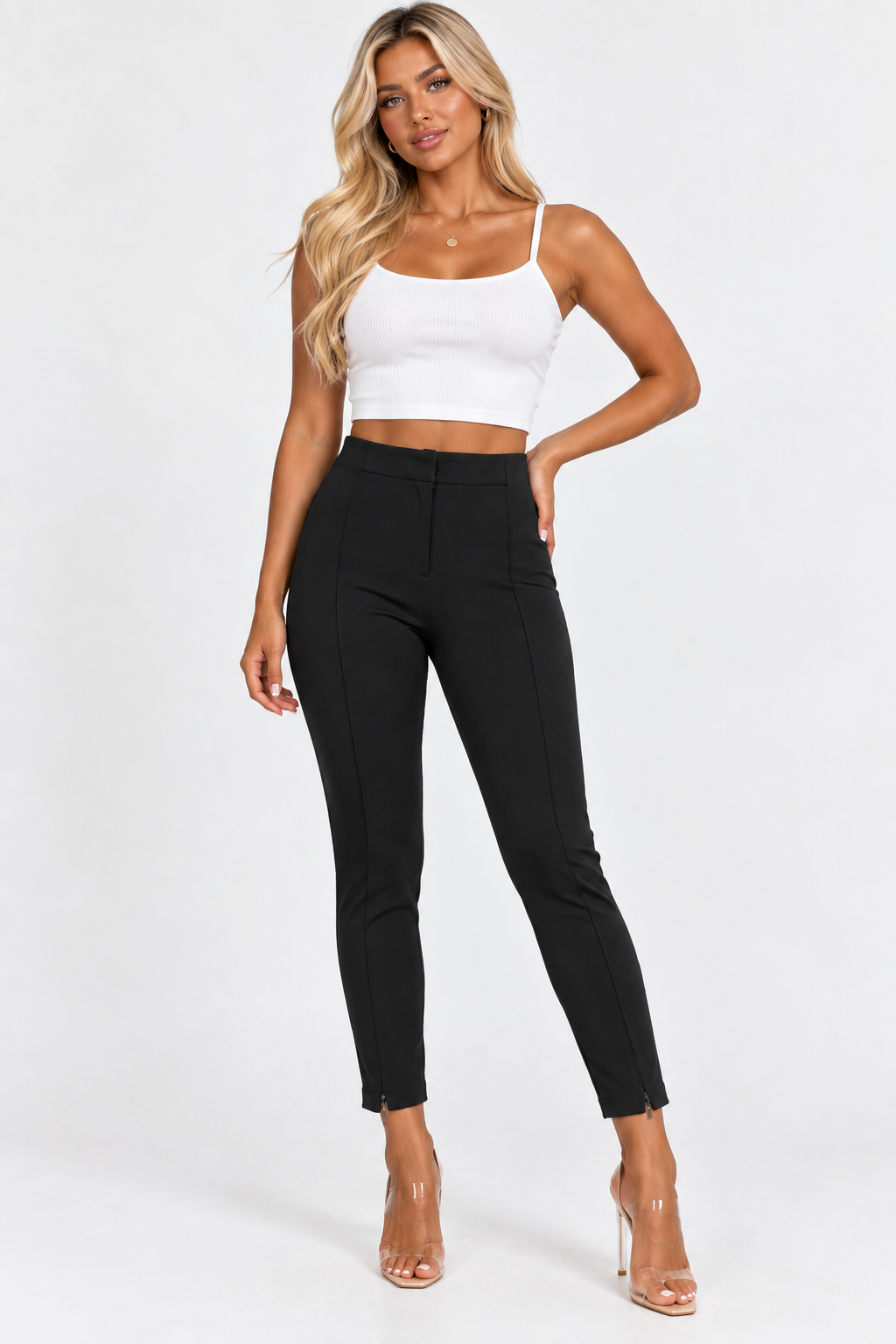 French Connection Blackout Jersey Leggings – Size XS shown on a model.