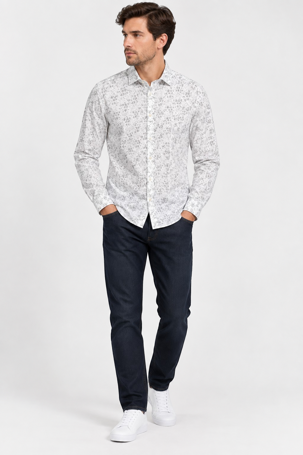 French Connection White Floral Cut Long Sleeve Shirt – M shown on a model.