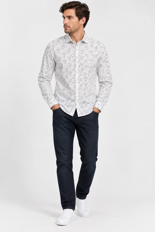 French Connection White Floral Cut Long Sleeve Shirt – M shown on a model.