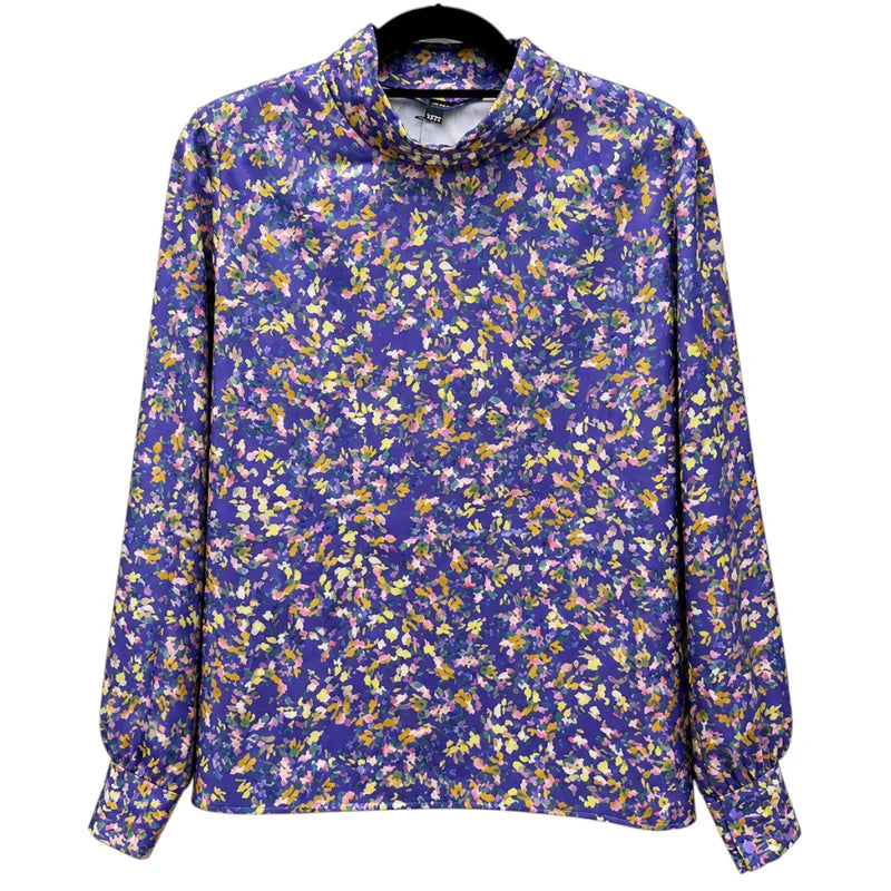 Front view — French Connection Cobalt Violet Floral Satin Top – UK 12.