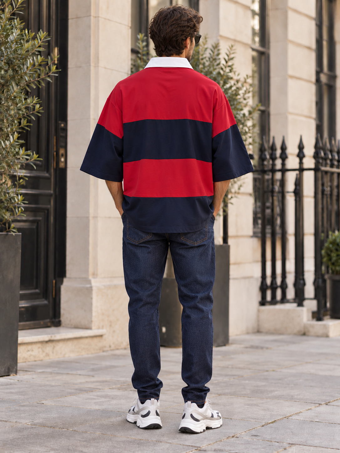 DSQUARED2 United men's red and navy striped padded rugby polo shirt with white collar, IT 46, Brand New With Tags