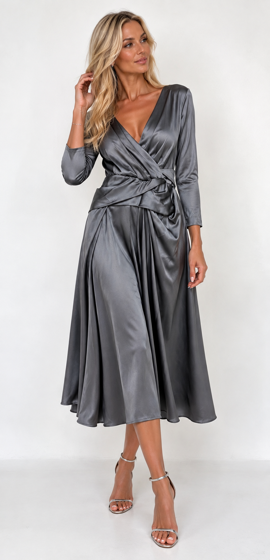Talbot Runhof Pokarios Silver Grey Satin Draped Midi Dress – Size 44 shown on a model.