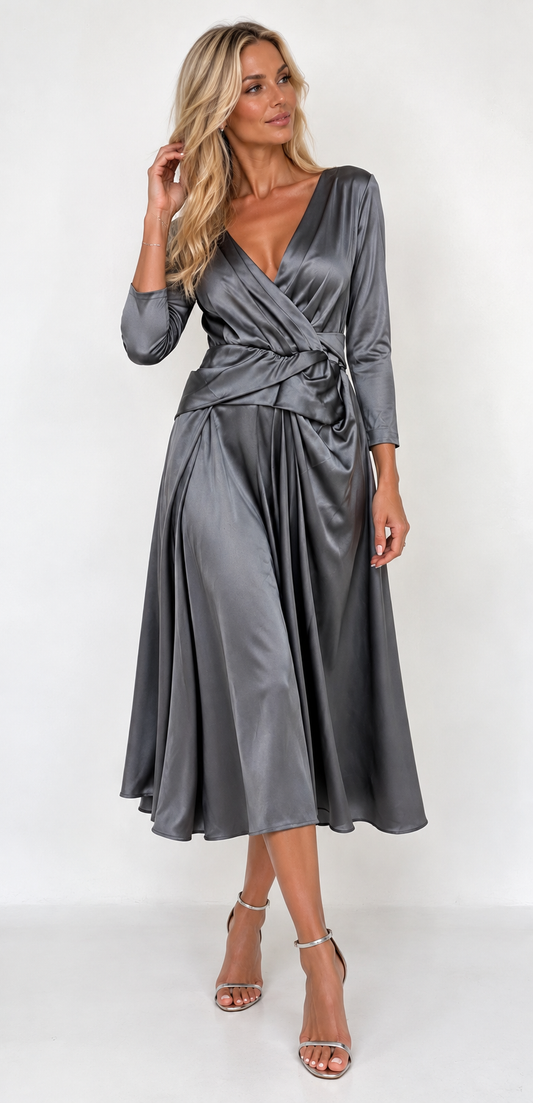 Talbot Runhof Pokarios Silver Grey Satin Draped Midi Dress – Size 44 shown on a model.