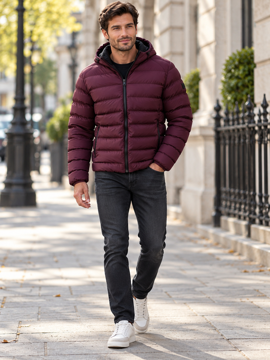 French Connection Men’s Burgundy Hooded Puffer Jacket – Size L – BNWT