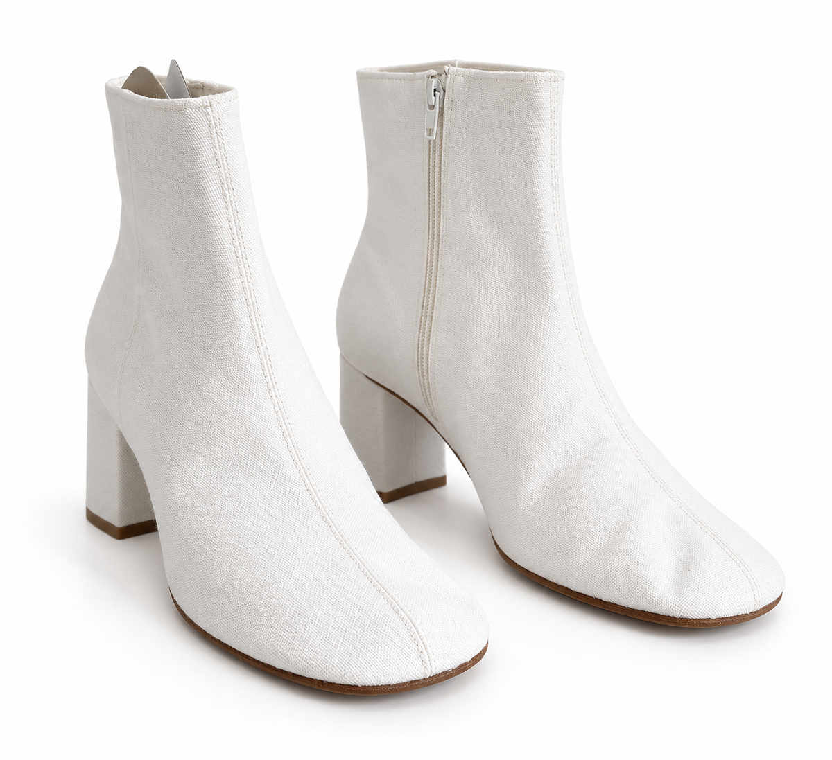Pair shown from an angle — Stephen Venezia Italian White Canvas Block-Heel Ankle Boots – EU 40.