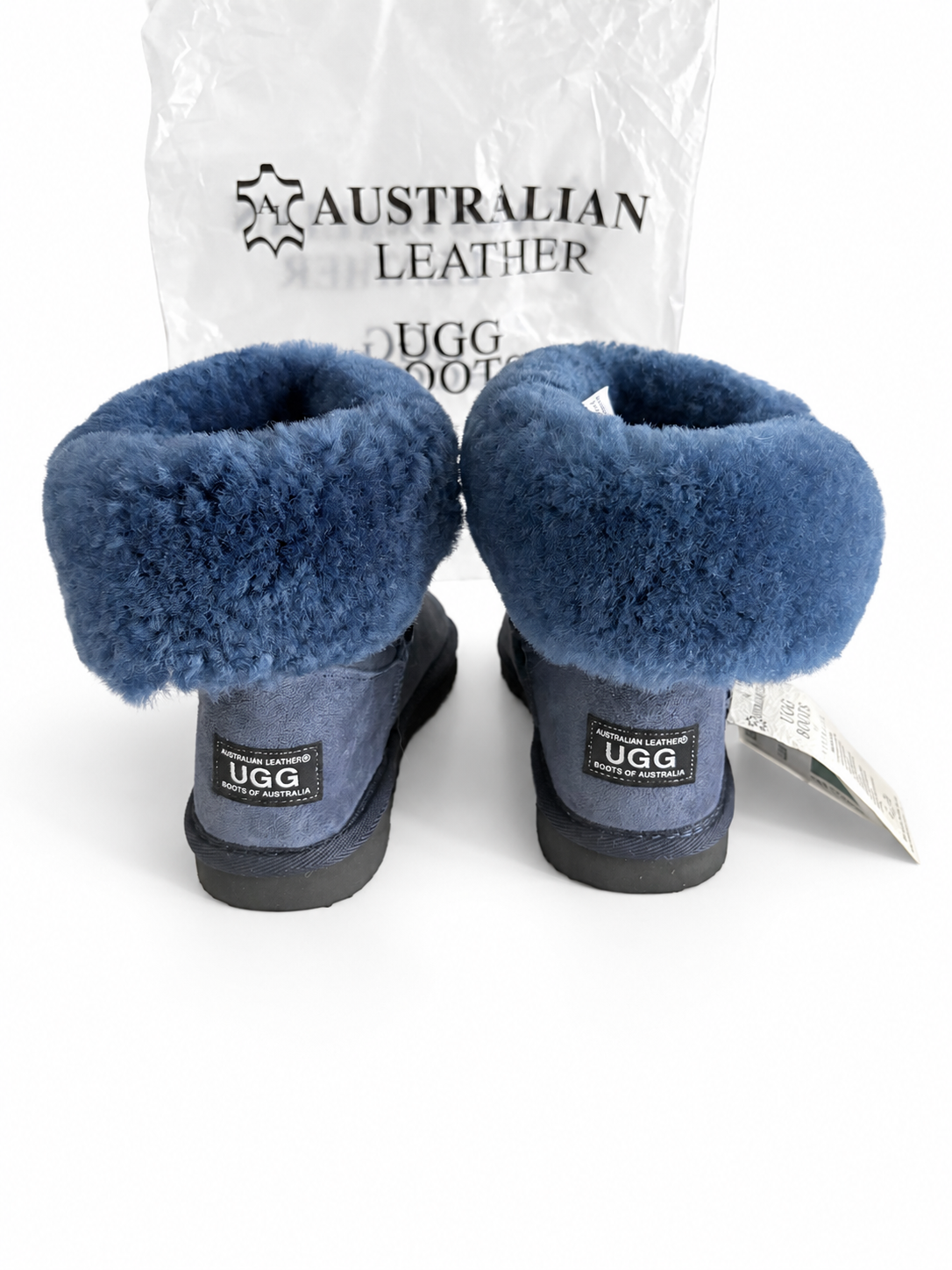 “Australian Leather” UGG Boots – Blue Suede with Fold-Over Sheepskin Cuffs – UK 7.5 / EU 40 – BNWT