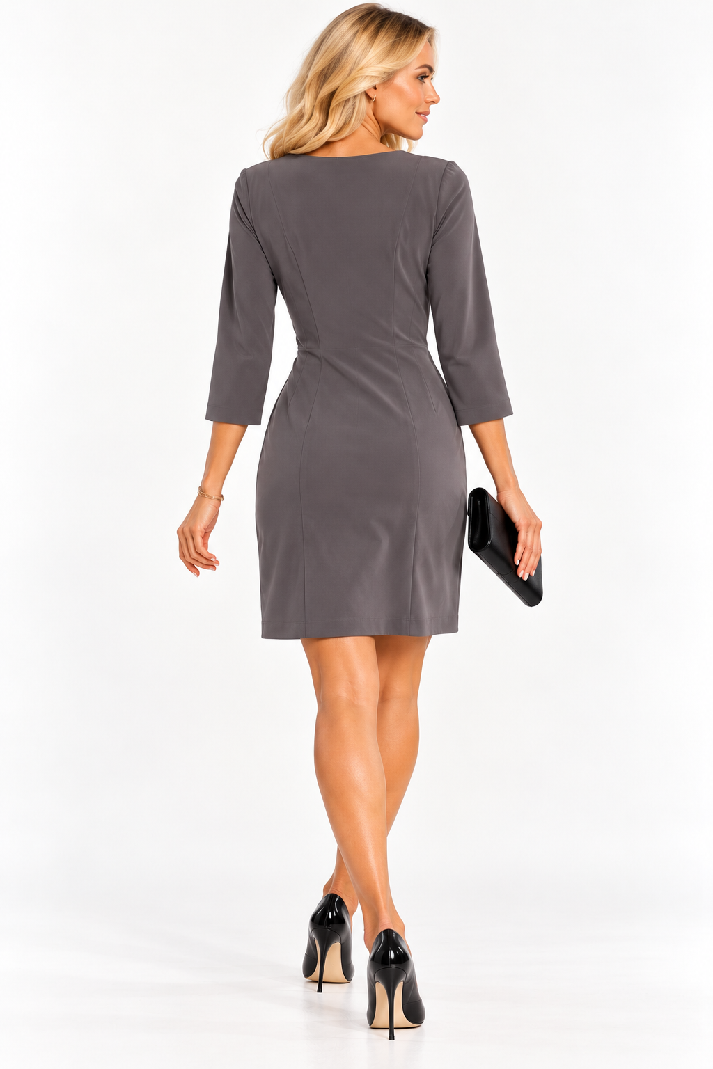 Back view on a model — Emporio Armani Mineral Grey Draped Tailored Dress — Size IT 42.
