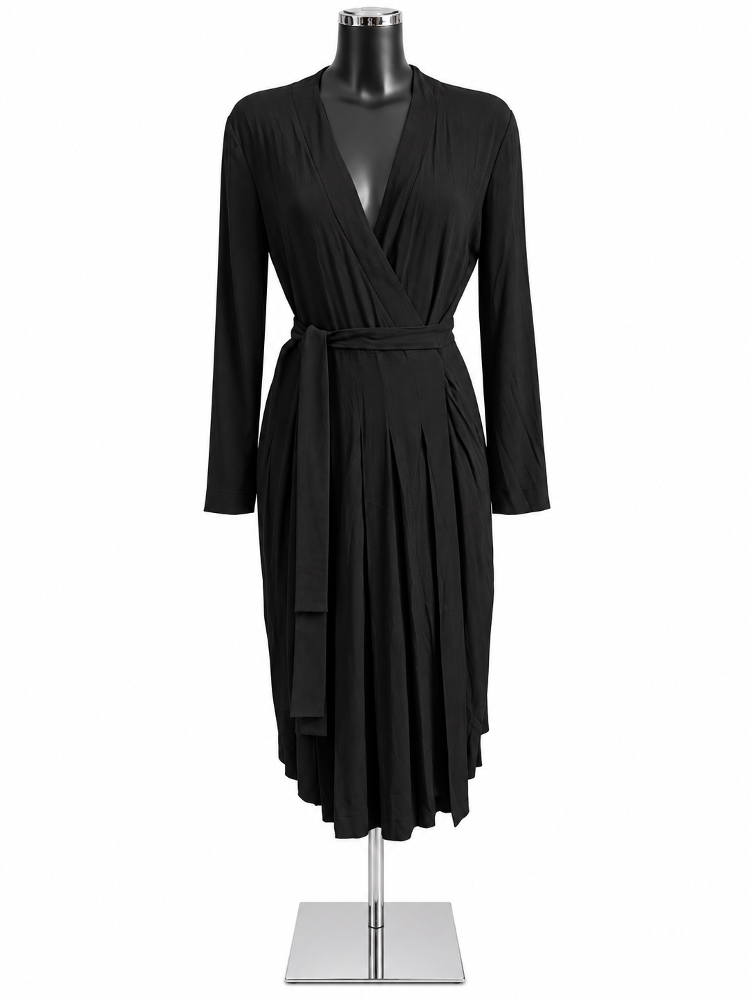 Mauro Grifoni black wrap dress IT 42, garment front showing waist tie and folds