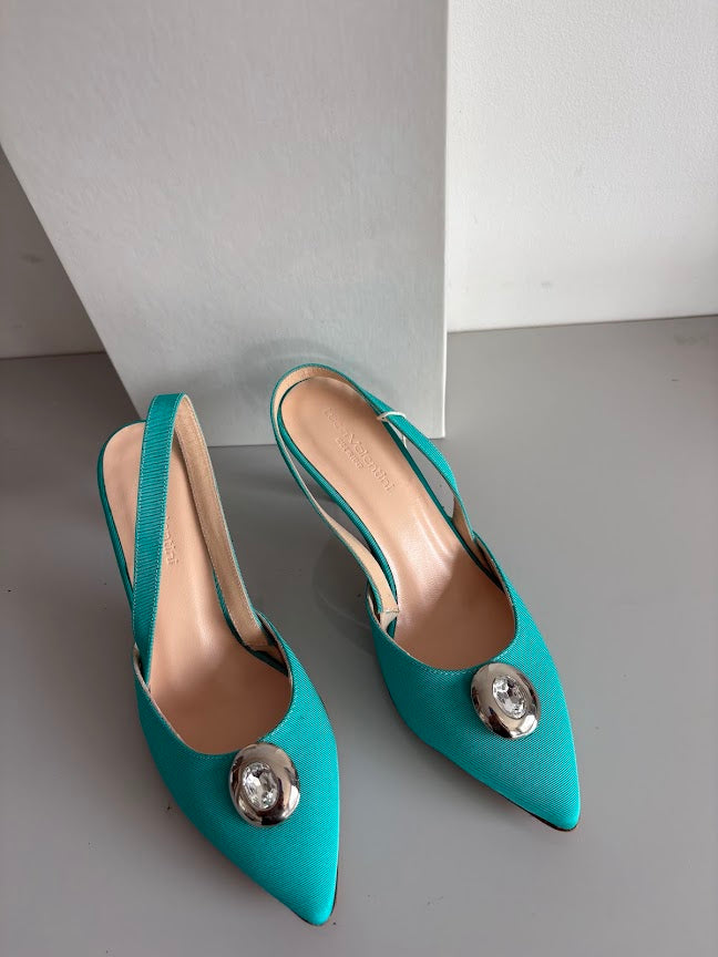 Acquamarina Turquoise Leather Slingback Pointed-Toe Heels with Silver Embellishment - EU 37 – product image 5