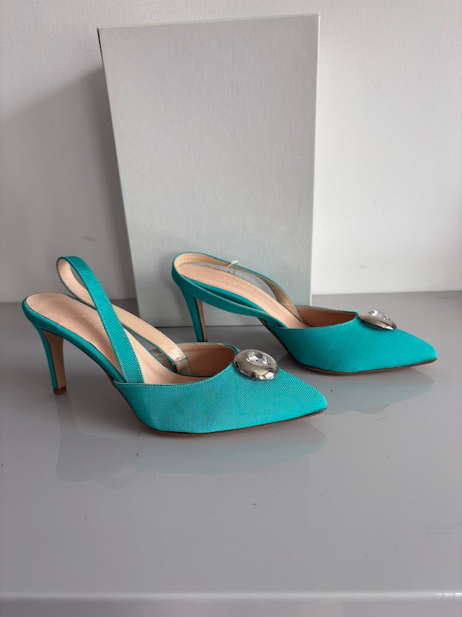 Acquamarina Turquoise Leather Slingback Pointed-Toe Heels with Silver Embellishment - EU 37 – product image 7