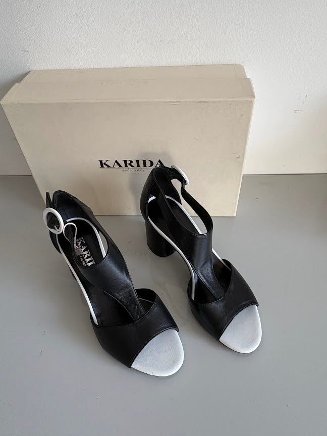 Karida Black & White Nappa Heeled Sandals – EU 36