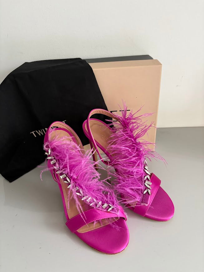 Twinset Fuchsia Pink Feather-Trim Embellished Heeled Sandals – EU 39 – product image 2