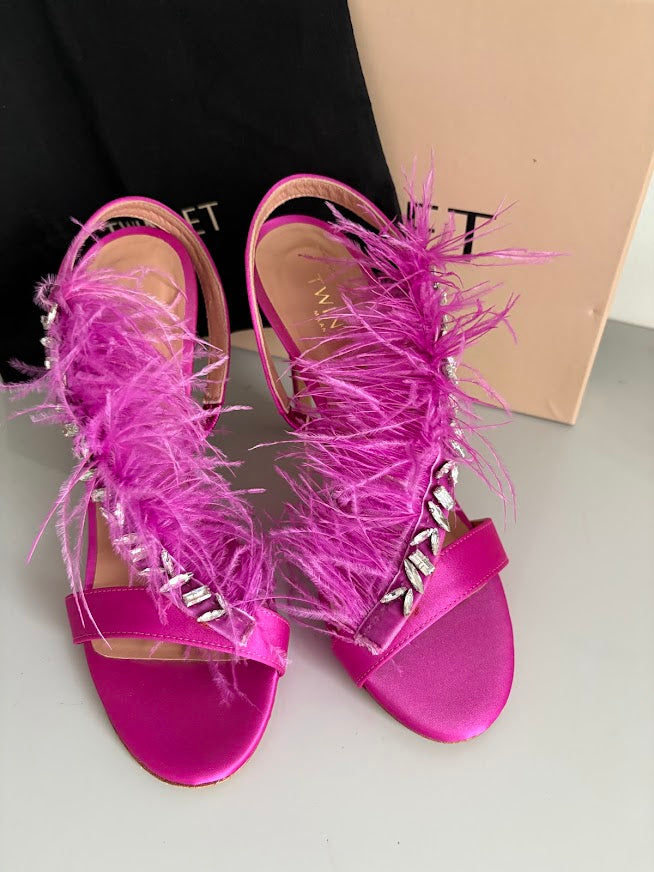 Twinset Fuchsia Pink Feather-Trim Embellished Heeled Sandals – EU 39 – product image 3