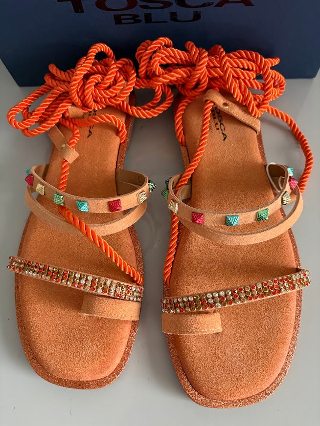 Tosca Blu Hibiscus Arancione Embellished Lace-Up Sandals – EU 39